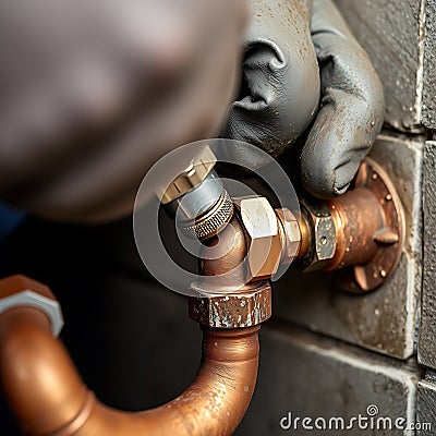 A plumbers hand inserting a compression fitting into a copper pipe with focus on the precision and tool use Stock Photo