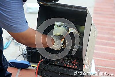 Plumbers sewer snake camera. a snake camera checks the inside of a sewer drain to make sure its clear of blockage and or damage. Stock Photo