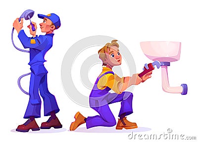 Plumbers in uniform repair bathroom plumbing. Vector Illustration