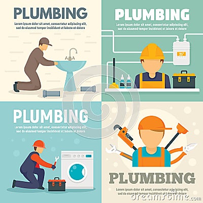 Plumbing banner set, flat style Vector Illustration