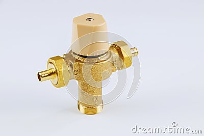 Close up water brass thermostatic mixing valve isolated on white background Stock Photo