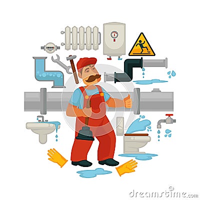 Plumbing service vector flat poster of plumber repair equipment for kitchen or bathroom sewerage leakage Vector Illustration