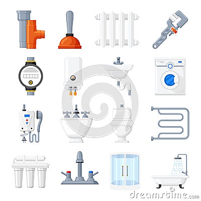 Plumbing equipment and tools vector icons Vector Illustration