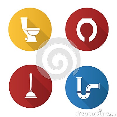 Plumbing flat design long shadow glyph icons set Vector Illustration