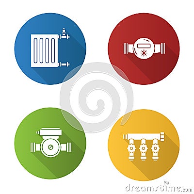 Plumbing flat design long shadow glyph icons set Vector Illustration