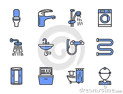 Plumbing flat line icon set blue color. Vector illustration water supply, plumber, faucet, bathtub, restroom, shower stall, sink, Cartoon Illustration