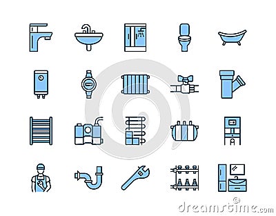 Plumbing flat line icon set blue color. Vector illustration water supply, sewerage, heating, engineering plumbing Vector Illustration