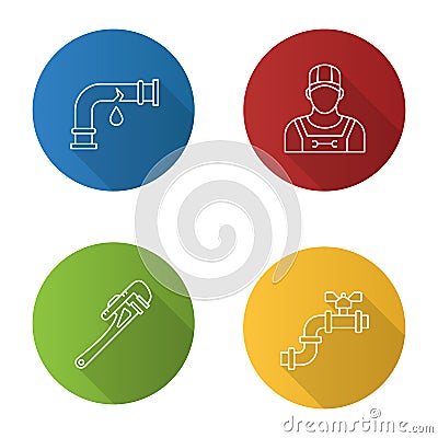 Plumbing flat linear long shadow icons set Vector Illustration