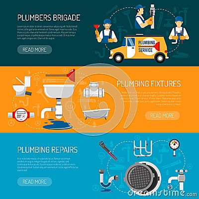 Plumbing Horizontal Banners Set Vector Illustration