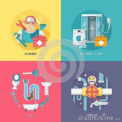 Plumbing icons composition flat Vector Illustration