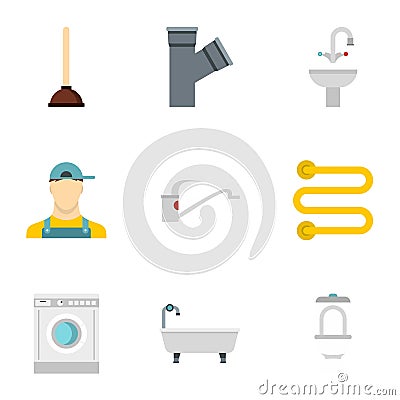Plumbing icons set, flat style Vector Illustration