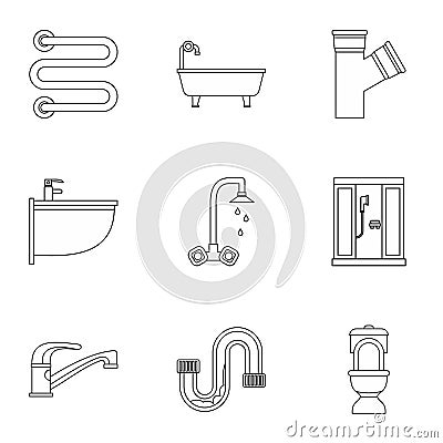Plumbing icons set, outline style Vector Illustration