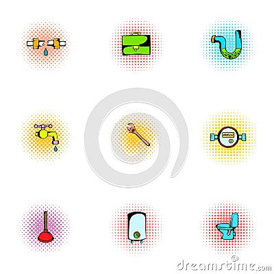 Plumbing icons set, pop-art style Vector Illustration