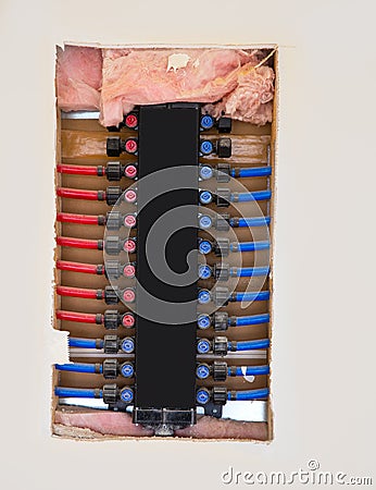 Plumbing manifold system PEX tubing Stock Photo