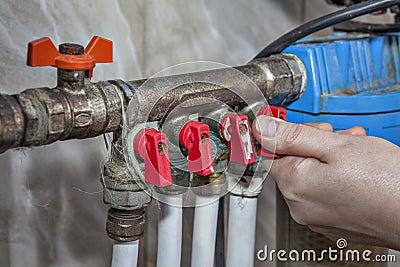 Plumbing manifold system tubing for house water distribution. Stock Photo
