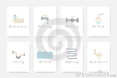 Plumbing object collection including bath, toilet, pipe, flood, shower, faucet, duct. Vector Illustration