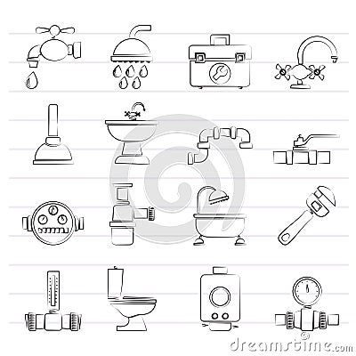 Plumbing objects and tools equipment icons Vector Illustration