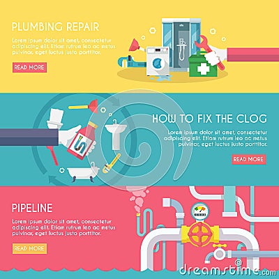 Plumbing Banner Set Vector Illustration