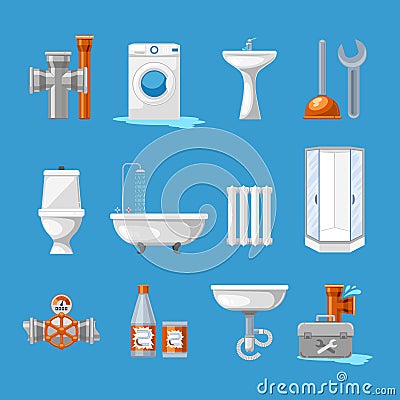 Plumbing sanitary engineering icons. Sink in toilet, piping and kitchen equipment vector illustration Vector Illustration