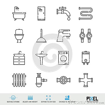 Plumbing, sanitary engineering related vector line icon set isolated on white Vector Illustration