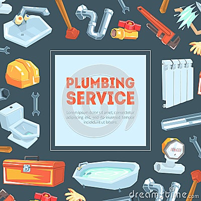 Plumbing Service Banner Template with Professional Plumber Equipment and Place for Text Vector Illustration Vector Illustration