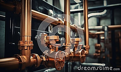 Plumbing service. copper pipeline of a heating system in boiler room Stock Photo