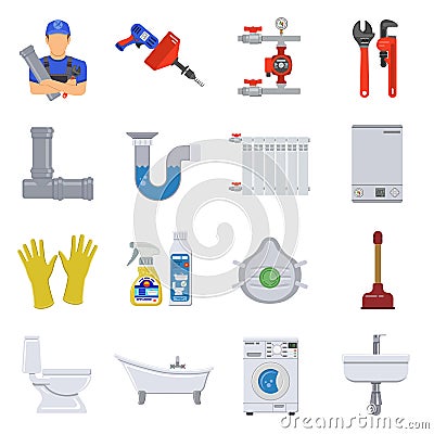 Plumbing Service Flat Icons Set Vector Illustration