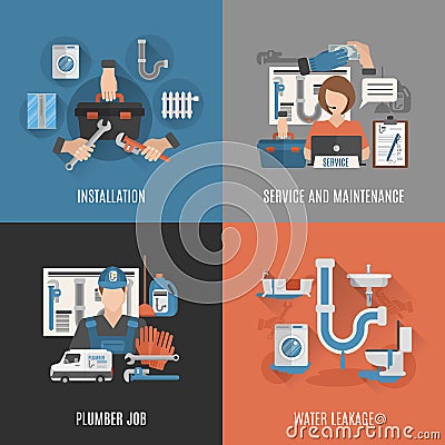 Plumbing service 4 flat icons square Vector Illustration