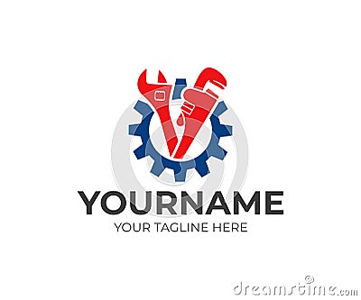 Plumbing service, gear, adjustable wrench and pipe wrench, logo design. Engineering, heavy industry and mechanical engineering, ve Vector Illustration