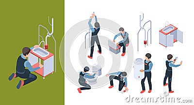 Plumbing service. Install pipelines fixing and repair bathroom toilet vector isometric illustrations Vector Illustration