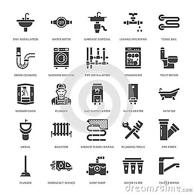 Plumbing service vector flat glyph icons. House bathroom equipment, faucet, toilet, pipeline, washing machine Vector Illustration