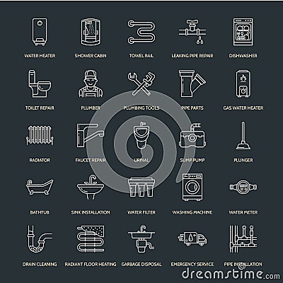 Plumbing service vector flat line icons. House bathroom equipment, faucet, toilet, pipeline, washing machine, dishwasher Vector Illustration