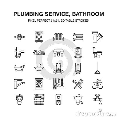 Plumbing service vector flat line icons. House bathroom equipment, faucet, toilet, pipeline, washing machine, dishwasher Vector Illustration