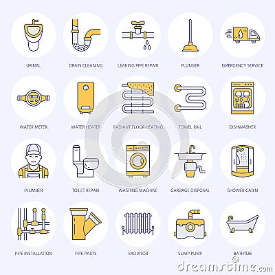 Plumbing service vector flat line icons. House bathroom equipment, faucet, toilet, pipeline, washing machine, dishwasher Vector Illustration