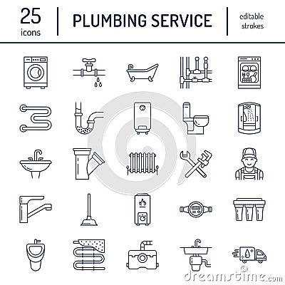 Plumbing service vector flat line icons. House bathroom equipment, faucet, toilet, pipeline, washing machine, dishwasher Vector Illustration