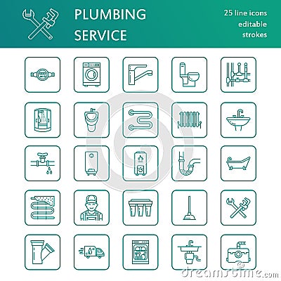 Plumbing service vector flat line icons. House bathroom equipment, faucet, toilet, pipeline, washing machine, dishwasher Vector Illustration