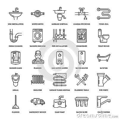 Plumbing service vector flat line icons. House bathroom equipment, faucet, toilet, pipeline, washing machine, dishwasher Vector Illustration