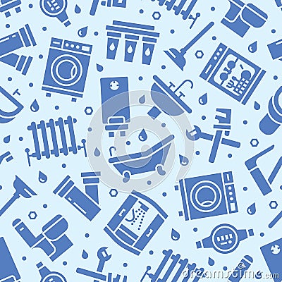 Plumbing service vector seamless pattern with flat silhouette icons of house bathroom equipment, faucet, toilet, washing Vector Illustration