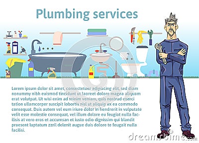 Plumbing services. Plumber man holding a wrench. Vector illustration with copy space, template for advertising flyer Vector Illustration