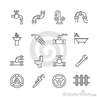 Plumbing, sewerage, pipe, faucet thin line vector icons set Vector Illustration