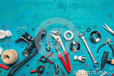 Plumbing toolkit on work desk top view flat lay Stock Photo