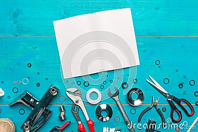 Plumbing tools and blank notebook mock up Stock Photo