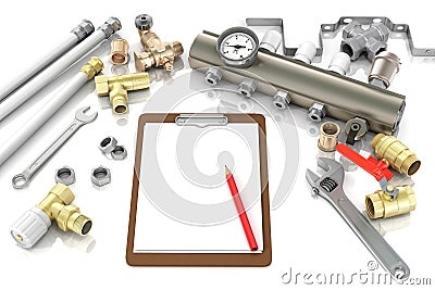 Plumbing and tools with a notebook Stock Photo