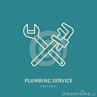 Plumbing vector flat line icon. Repair service logo. Illustration of wrench, plunger, plumber tools Vector Illustration