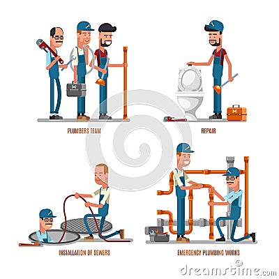 Plumbing work. Plumbers and repairs vector illustration Vector Illustration