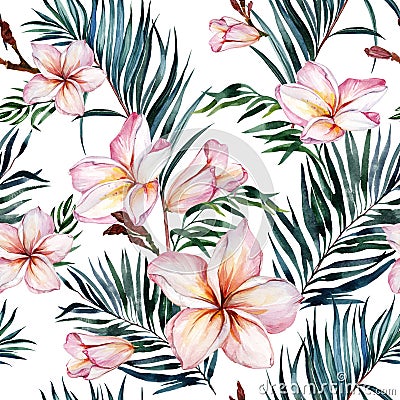 Plumeria flowers and exotic palm leaves in seamless tropical pattern. White background. Watercolor painting. Cartoon Illustration