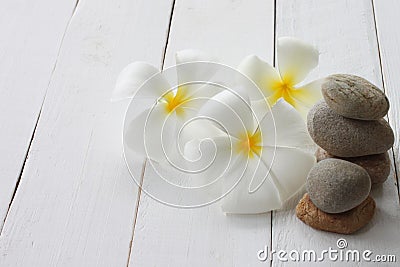 Plumeria sandstone is placed on a white wooden floor Stock Photo
