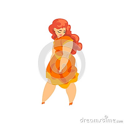 Plump, curvy, overweight girl in orange dress, plus size model in fashionable clothes, body positive vector Illustration Vector Illustration
