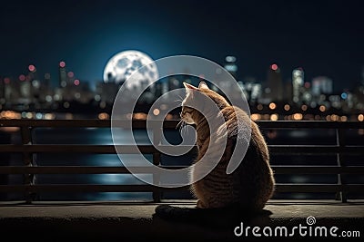 a fat cat sitting on a fence looking at the moon Stock Photo