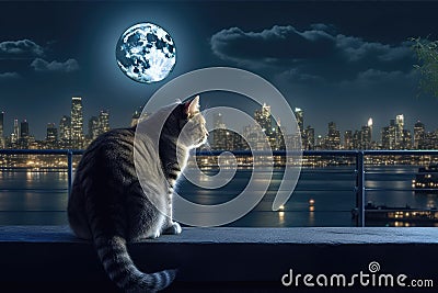 a fat cat sitting on a fence looking at the moon Stock Photo